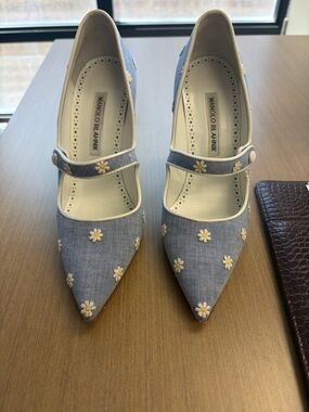 Manolo Blahnik Light Blue Daisy-Embroidered Mary Jane Heels